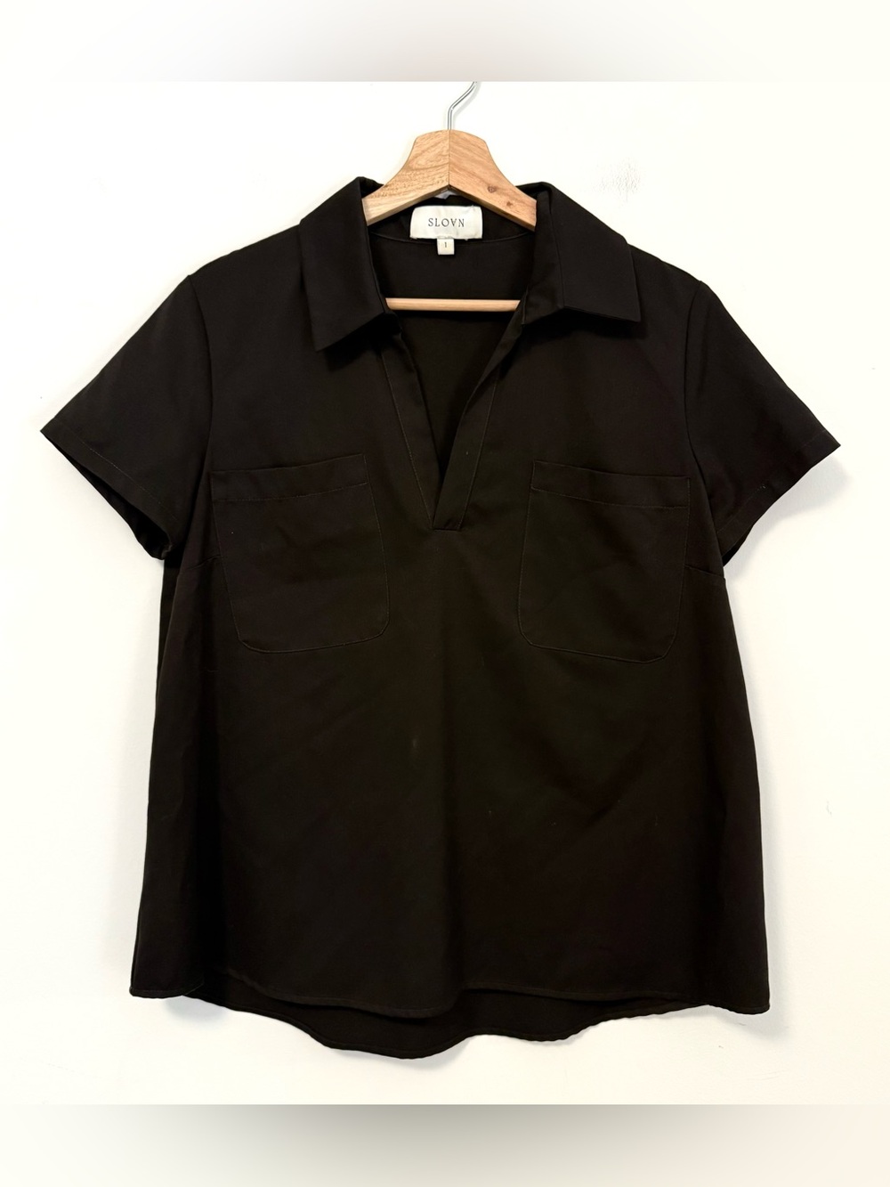 SLOAN Black Collared Popover Blouse Short Sleeve Pocket Top Size 1
